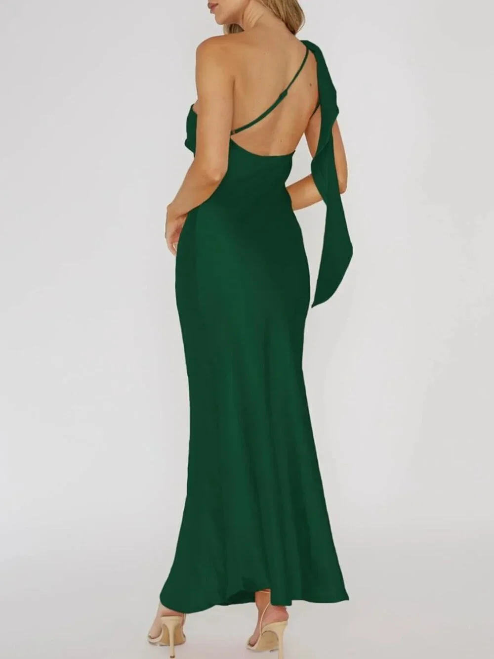 Women's Deep Green Summer Silk Formal Elegant Sleeveless ONE Shoulder Maxi Dress
